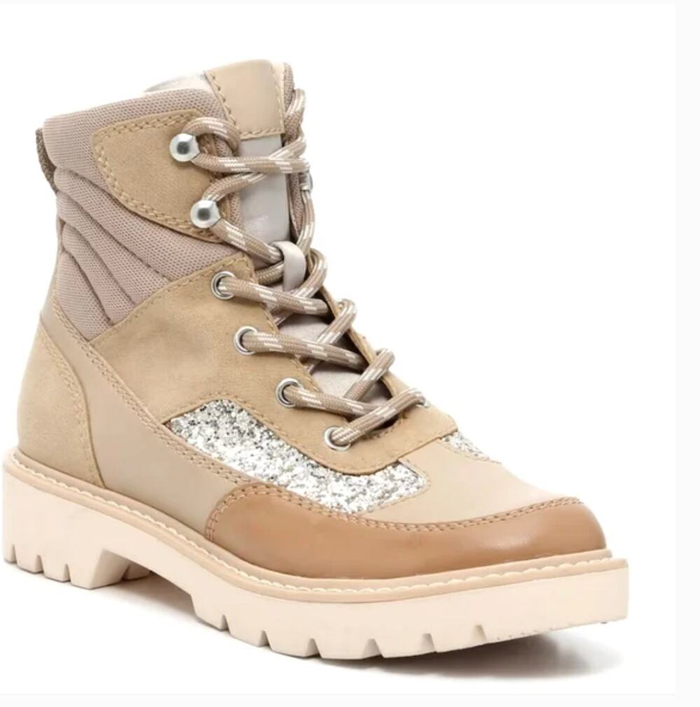 Dolce Vita Pryor Combat Boots 7 NWOT Tan Taupe Silver Ankle Booties Sparkle